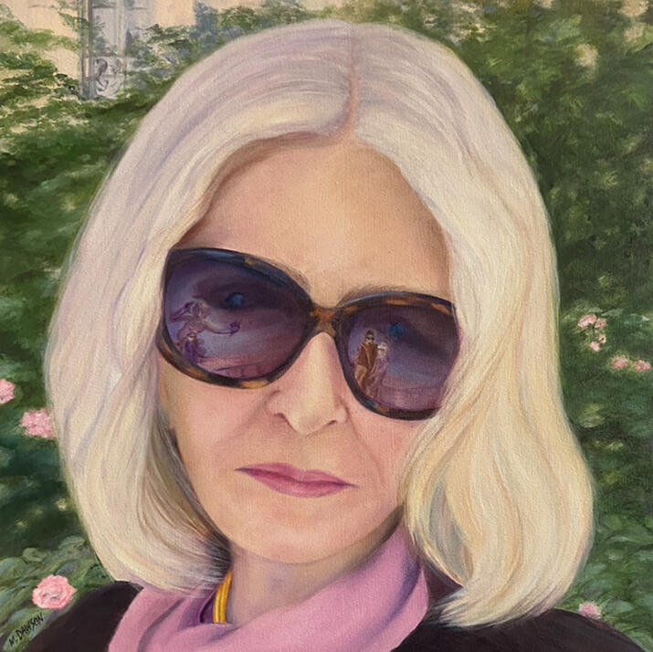 Reflections of Paris (Artist in Rose Garden/Musée de Picasso/Paris) Oil on canvas, 16” x 22”, 2024, $2050